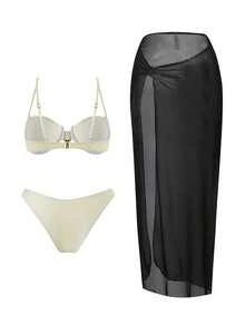 Swim Chiccia 春夏三件套：纯色钢圈可调节肩带上衣、高腰比基尼泳裤和网纱裙，女士优雅泳装套装，适合海滩度假 - 彩色 - 查看 2