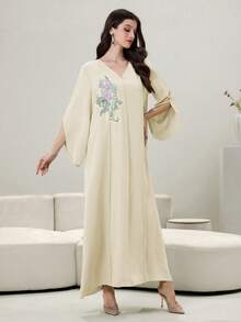 Yasmyna Farbblockpatchwork luxuriöses 3D-besticktes Applikationskleid mit V-Ausschnitt und Langarm, türkisches Maxikleid - Gelb - Übersicht 5