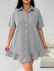 Solflare Vestido casual holgado de manga corta con volantes en el bajo y empalmado, a rayas azul marino y blanco, adecuado para ir al trabajo, volver al colegio, uso diario casual, citas, salidas - Blanco y Negro - Ver 4