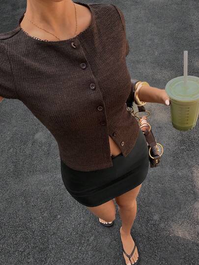 Muchica Women's Casual Solid Color Front Button Short Sleeve Top, Summer