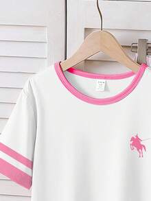 SHEIN 少女睡衣套装，包括一件马图案针织撞色圆领短袖T恤和一条条纹长裤，休闲舒适的春夏睡衣。 - 白色 - 查看 6
