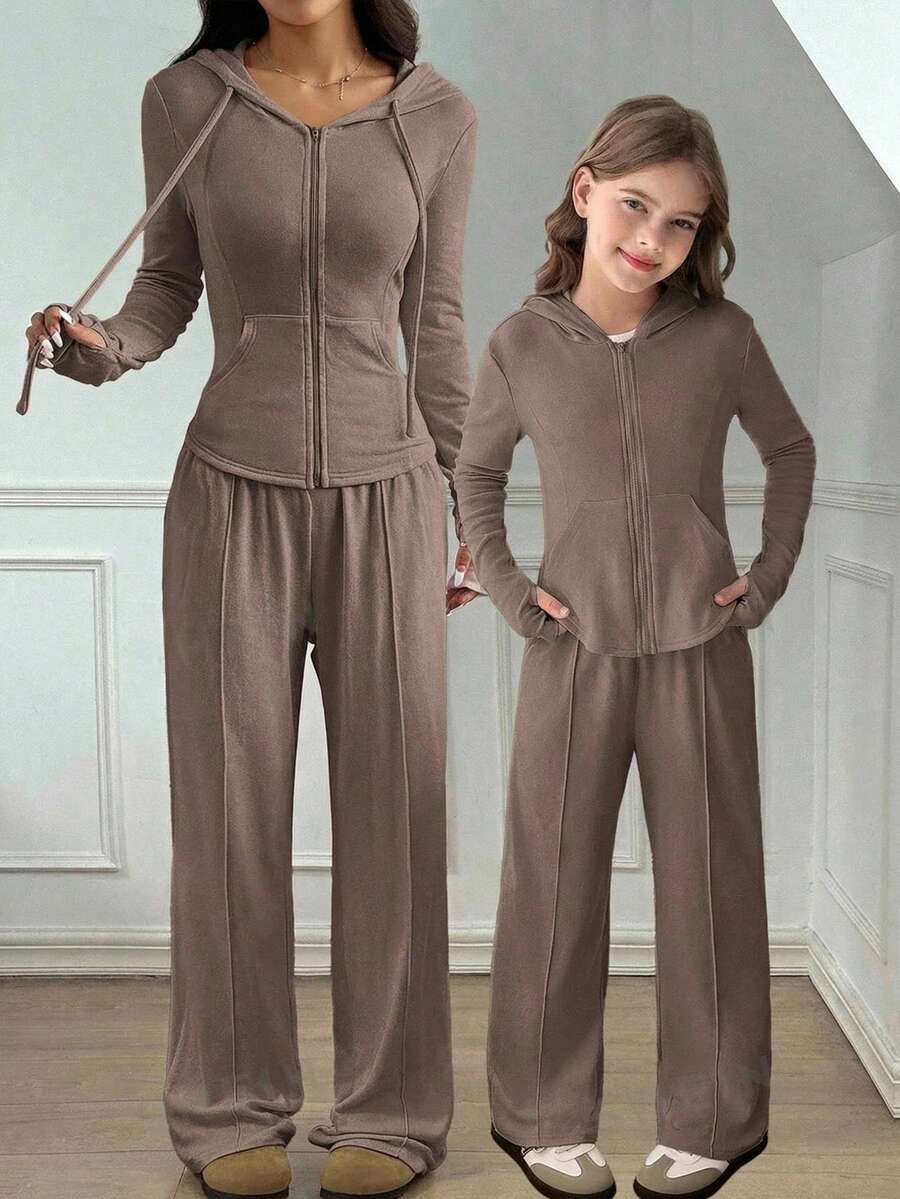 Conjunto de 2 piezas para niñas preadolescentes con top con capucha sólido y pantalones de pierna ancha, casual para primavera/otoño, uso diario - Marrón Mocha - Ver 1