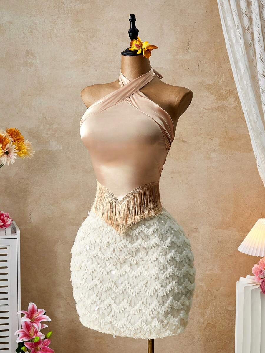Zolique Women's Solid Color Wrap Around Neck Backless Fringe Hem Fitted Sleeveless Blouse