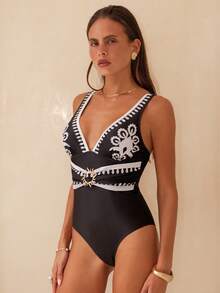 Swim Chiccia Women's Floral Print Metal Decor One-Piece Swimsuit, Suitable For Beach Vacation, Pool Party, Beach Party - Black and White - View 6