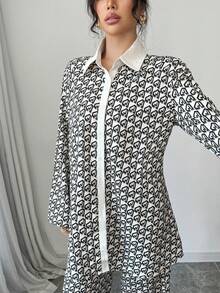 Modelyn 女士春夏梭织数码印花长袖开衫和直筒裤休闲通勤两件套 - 彩色 - 查看 5