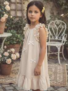 SHEIN Young Girl Woven Round Neck Ruffle Hem Casual Dress Boho Flower White Summer Party Apricot Tan Neutral Nude Beige Dress For Girls - Beige - View 1
