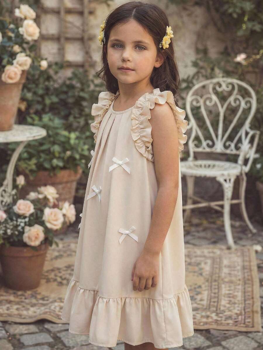 SHEIN Young Girl Woven Round Neck Ruffle Hem Casual Dress Boho Flower White Summer Party Apricot Tan Neutral Nude Beige Dress For Girls - Beige - View 1