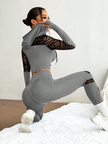 SHEIN Sports 女士抽绳连帽网眼拼接长袖上衣和高腰紧身打底裤休闲运动套装 - 灰色 - 查看 5