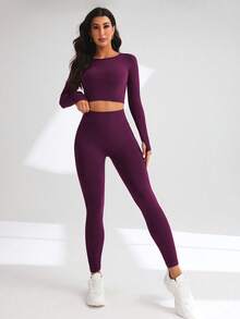 Easithlete Bộ đồ thể thao nữ tối giản, màu trơn, gồm áo croptop và quần legging có lỗ xỏ ngón tay cái. - Màu đỏ tím - Xem 7