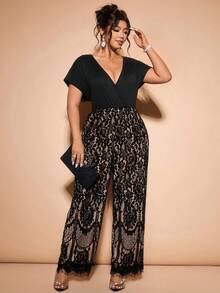 Cravure Bộ jumpsuit cỡ lớn phong cách Pháp thanh lịch thường ngày, phối màu, viền ren, thích hợp cho mùa xuân/thu. - màu đen - Xem 1