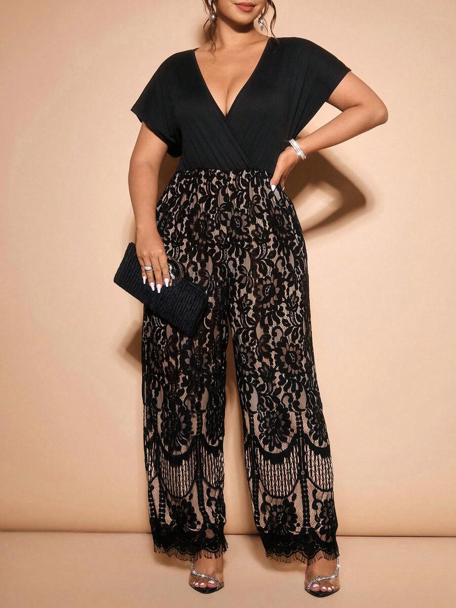 Cravure Mono de talla grande con bloqueo de color, ribete de encaje, elegante y casual para primavera/otoño - Negro - Ver 1