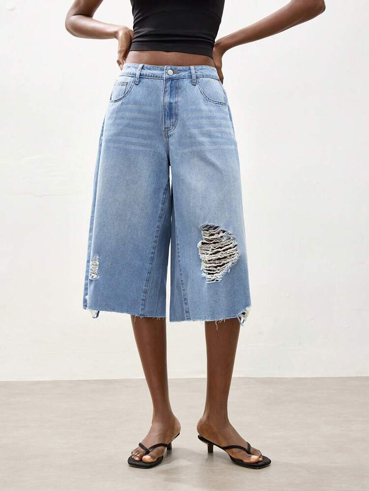 SHEIN Maija Women's Light Blue Denim Bermuda Shorts, Summer Ripped Shorts, Low-Rise Wide-Leg Pants
