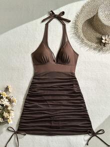 Swim Vcay 女士性感度假休闲派对沙滩纯黑色无钢圈纹理面料连体泳衣 - 棕色 - 查看 3