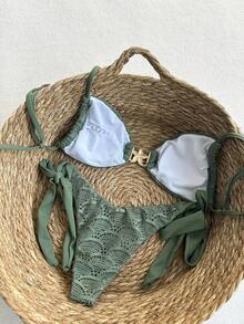 Swim Vcay 2pcs Women's Sage Green Bikini Set,Summer Casual Vacation Holiday Textured Fabric Metal Accessory Adjustable Spaghetti Strap Top&Side Tie Bottom - Army Green - View 3
