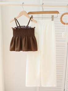 Fashion Outfit For Kids 2026 New Arrival Summer Fashion, 3D Flower Camisole & Wide-Leg Pants Set For Big Girls 8-12Y, Sweet Coquette Boho Two-Piece Outfit, Casual Woven Fabric For Vacation & Everyday Wear - Chocolate Brown - View 2