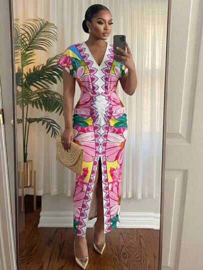 SHEIN Lady CURVE Plus Size V-Neck Short Sleeve Waist Cinched Colorful Dress Graduation Ceremony Graduation Dress Spring Casual Dresses For Women Graduation Dress Women  Valentine Summer Summer Clothes Summer Clothes  Spring Dress Summer Dresses  Elegant Dresses Elegant Dresses For Women  Vacation Vacation Dress Summer Dresses For Women Casual Women's Dresses  Pink  Pink Dress Multicolor Dress Bodycon Dress Resort Dress Tropical Vacation Dress