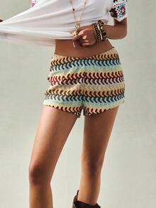 Breezaya Women's Casual Patchwork Crochet Shorts,Blue And Yellow Boho Pattern,Summer Holiday Beach Bathing Suit Swim Shorts,Tummy Control Board Shorts Outfits - Multicolor - View 5