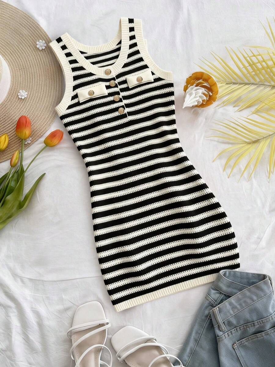 SHEIN Franclia 女士夏季欧美性感狐狸高端奢华设计成熟复古条纹紧身休闲/工作无袖毛衣连衣裙 - 黑與白 - 查看 1