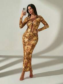 Almamuse Women Elegant Floral Print Skirt & Long Sleeve 2 Pieces Set Fall Cloth For Women - Orange - View 2