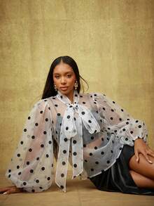 Vixey 动物纹薄纱蓬蓬袖蝴蝶结上衣 - 白色 - 查看 1