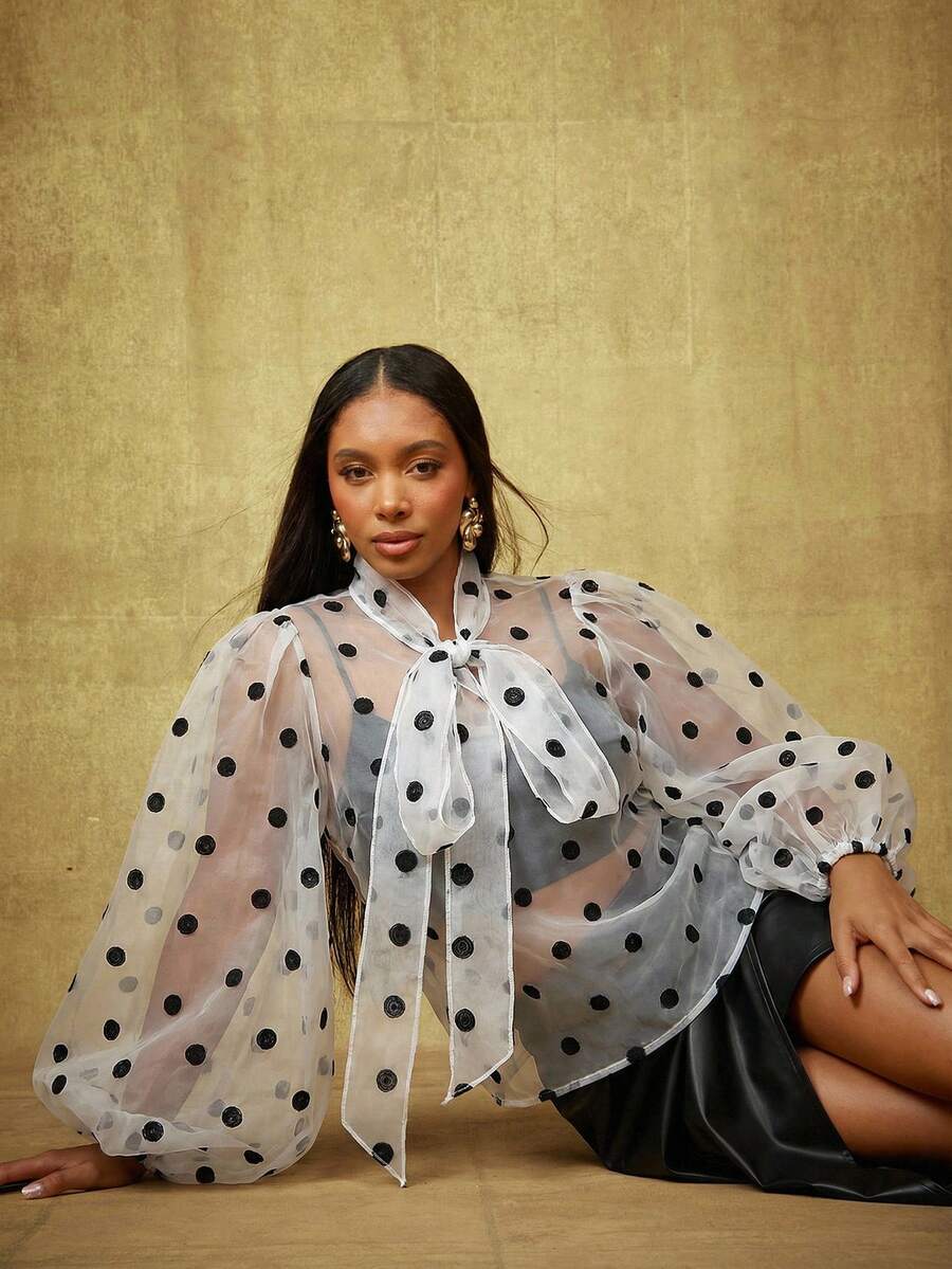 Vixey 动物纹薄纱蓬蓬袖蝴蝶结上衣 - 白色 - 查看 1