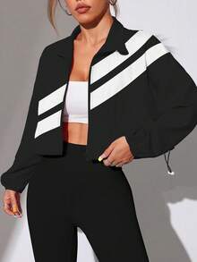 SHEIN Dewbera Colorblock Zip-Up Sports Jacket With Drawstring Hem, Spring/Autumn - Multicolor - View 5