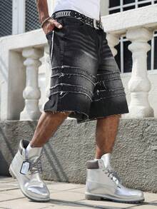 Manfinity EMRG Men's Casual Street Style Distressed Black Denim Shorts - Black - View 5