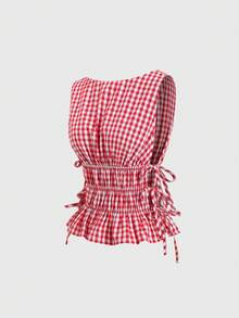 Sweetra Französischer Retro-Stil Damen Bluse für Frühling/Sommer, rot-weiß kariert, ärmellos, quadratischer Kragen, tailliert, Schleife, Rüschensaum, süß und kurz geschnitten - Rot-Weiß - Übersicht 8