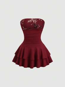 Sweetra Y2K Sexy Beaded Embroidered Floral Sweetheart Neckline Ruffle Hem Dress - Burgundy - View 1