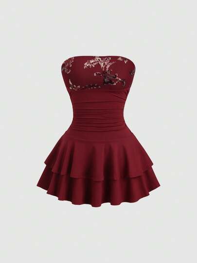 Sweetra Y2K Sexy Beaded Embroidered Floral Sweetheart Neckline Ruffle Hem Dress