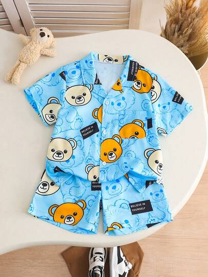 SHEIN 2pcs/Set Cute Cartoon Bear Animal Print Solid Color Polo Collar Short Sleeve Cardigan And Elastic Waist Shorts, Suitable For Spring/Summer Outings, Vacation, School