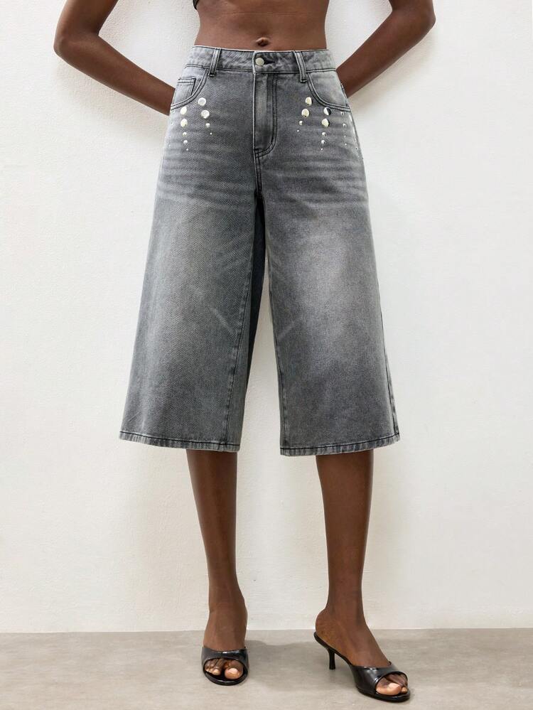 SHEIN Maija Jeans casual da donna a gamba ampia e lunghezza capri lavati