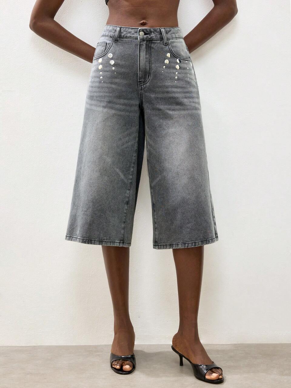 SHEIN Maija Women's Casual Washed Wide Leg Capri Length Jeans