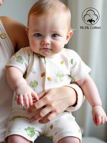 Baby Boy Summer Outfit, Lightweight Romper, Toddler Boy Dinosaur Print Short Sleeve Casual Romper, Vacation Style - Beige - View 4