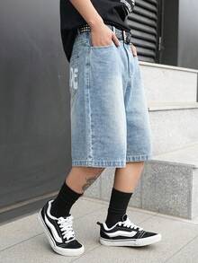 Manfinity EMRG 男士街头时尚休闲印花斑马纹蓝色牛仔短裤 - 中等水洗藍 - 查看 8