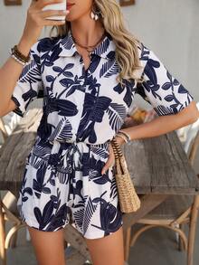SHEIN LUNE Women's Summer Vacation Casual Botanical Print Lapel Waist Jumpsuit - Navy Blue - View 6