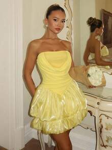 SHEIN Đầm mini phồng không tay trễ vai màu vàng, trang phục mùa xuân, đầm dự tiệc lễ hội, thời trang đường phố, đầm đi club cho nữ, đầm hẹn hò, đầm sinh nhật cho nữ, thanh lịch sang trọng, trang phục không thể thiếu cho bữa tiệc, đầm Giáng sinh, đầm Valentine, đầm năm mới, đầm lấp lánh - Màu vàng - Xem 5