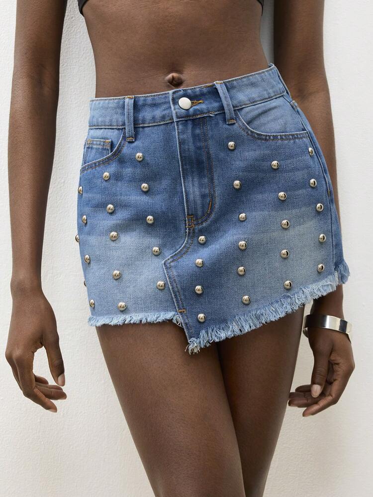 SHEIN Maija Women's Summer Fashion Beaded Fringe Denim Mini Skirt