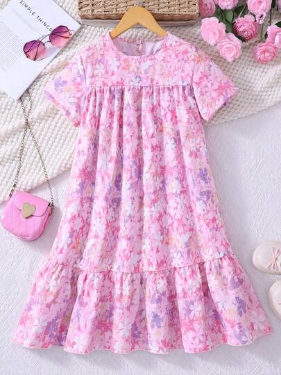 Elegant Pink Sakura Floral Print Loose Casual Vacation Dress, Comfortable & Fashionable For Girls 8-12 Years Old
