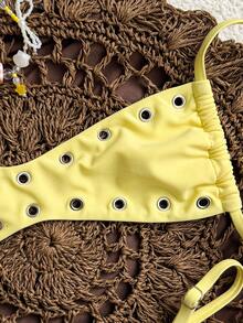 SHEIN Swim 2025新款女士纯色性感抹胸沙滩度假休闲性感泳装套装 - 黃色 - 查看 5