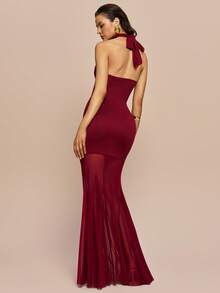 Olia Maree Women's Elegant Burgundy Summer Deep V Ruched Bodycon Dress,Patchwork Sheer Mesh Flared Skirt Long Formal Dining Party Evening Gown - Burgundy - View 3