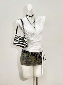 Jeanoix Women's Solid Color V-Neck Twist Front Design Casual Versatile Date Outing Cap Sleeve T-Shirt - White - View 4