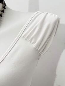 Jeanoix Women's Solid Color V-Neck Twist Front Design Casual Versatile Date Outing Cap Sleeve T-Shirt - White - View 5