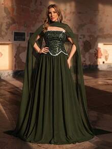 Glamrae Plus Size Elegant Luxurious Green Beaded & Sequin Patchwork Chiffon Flare Sleeve Maxi Dress, Suitable For Wedding, Party, Vacation, Ball, Evening Gown (Heavily Embellished Design) - Green - View 6