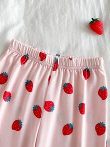 Cozy Pixies Young Girl Bow Knit Soft Round Neck Short Sleeve Top And Elastic Waist Pants 2 Pieces Set Cotton Pajama Set For Girls Strawberry Pajama Set Kids Strawberry Pjs - Multicolor - View 3