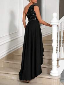 Glamine Women's Black Winter Elegant Dinner Dress,Asymmetric One Shoulder Contrast Sequin High-Low Hem Party Gown,Formal Holiday Classy Evening Outfit - Black - View 2