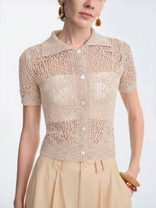 Aalyst European And American Style Hollow Textured Relaxed Loose POLO Collar Knit Short Sleeve Button Cardigan, Sheer Blouse For Women Summer - Khaki - View 2