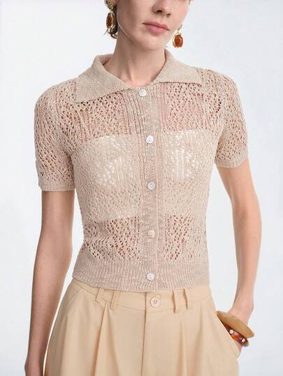 Aalyst Estilo europeo y americano Cárdigan de punto de manga corta con botones, cuello tipo polo, textura hueca y holgada, blusa transparente para mujer en verano