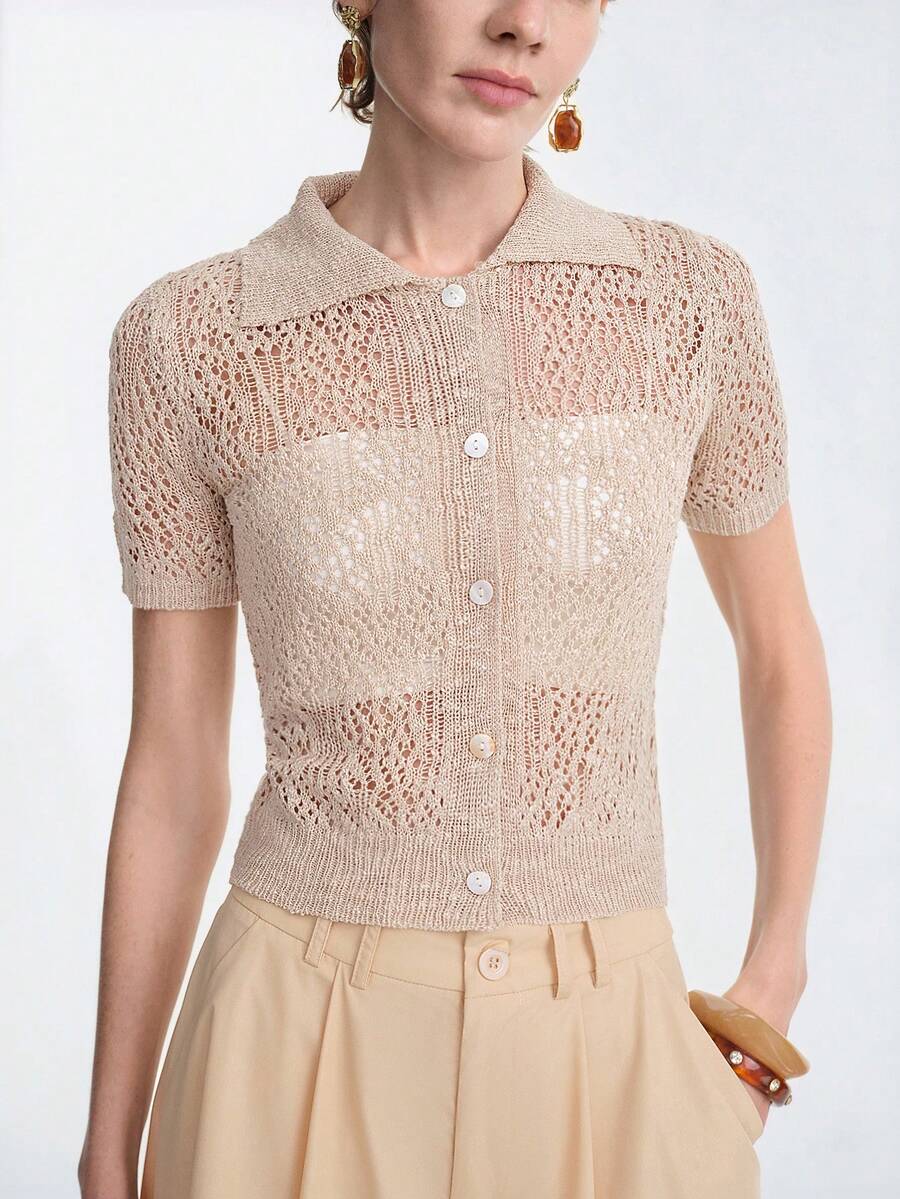 Aalyst European And American Style Hollow Textured Relaxed Loose POLO Collar Knit Short Sleeve Button Cardigan, Sheer Blouse For Women Summer