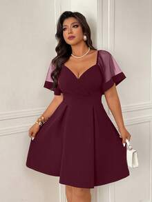 Femmeverse Vestido evasé de mujer talla grande con parches de malla, estilizador y elegante - Morado - Ver 5